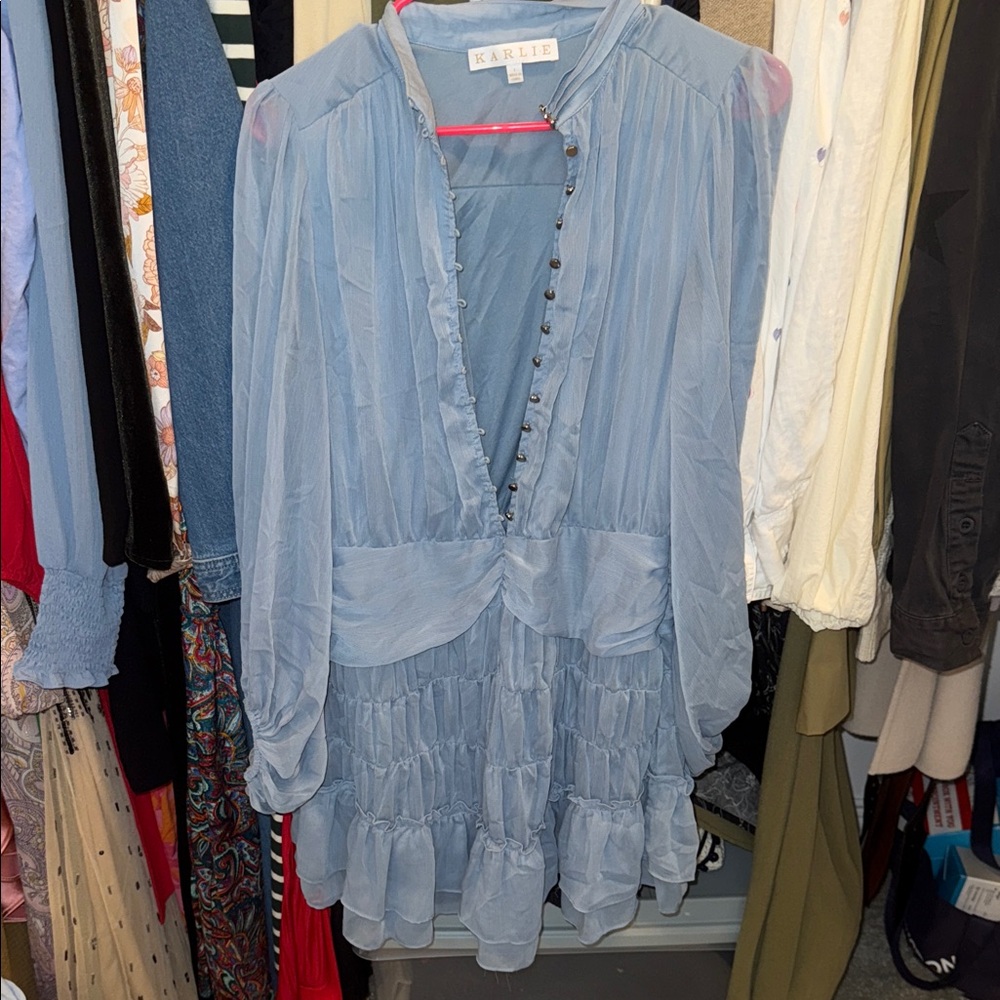 Karlie Sky Blue Ruffled V-Neck Dress